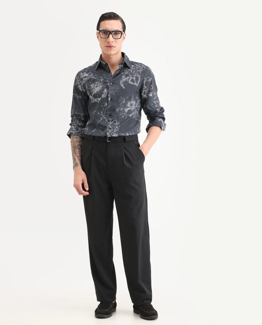 Rare Rabbit Men's Xald Black Cotton Blend Fabric Full Sleeve Spread Collar Regular Fit Floral Print Shirt