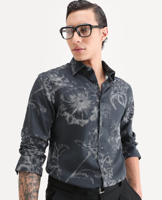 Rare Rabbit Men's Xald Black Cotton Blend Fabric Full Sleeve Spread Collar Regular Fit Floral Print Shirt