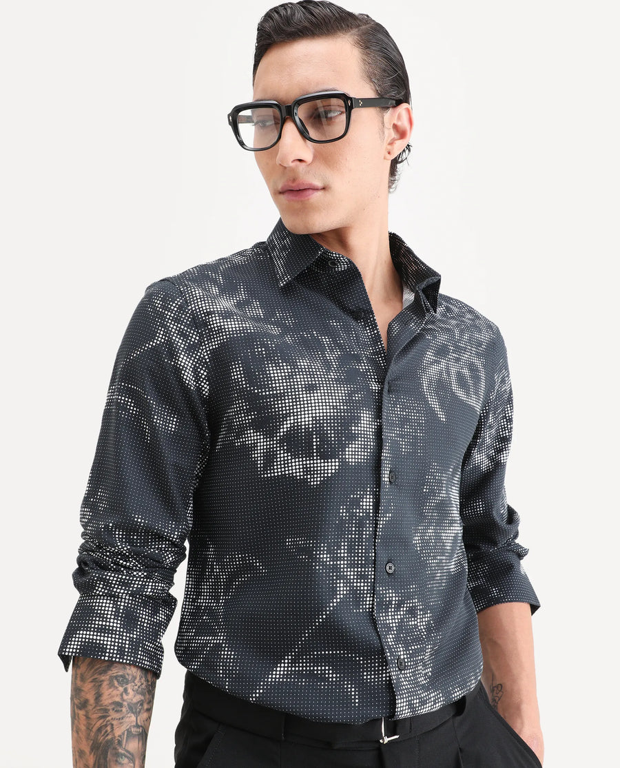 Rare Rabbit Men's Xald Black Cotton Blend Fabric Full Sleeve Spread Collar Regular Fit Floral Print Shirt
