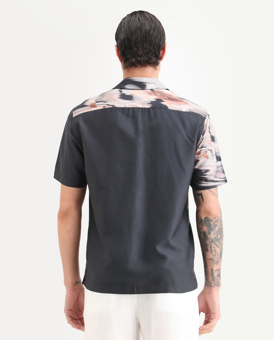 Rare Rabbit Men's Xava Black Cotton Blend Fabric Half Sleeve Regular Fit Floral Print Shirt