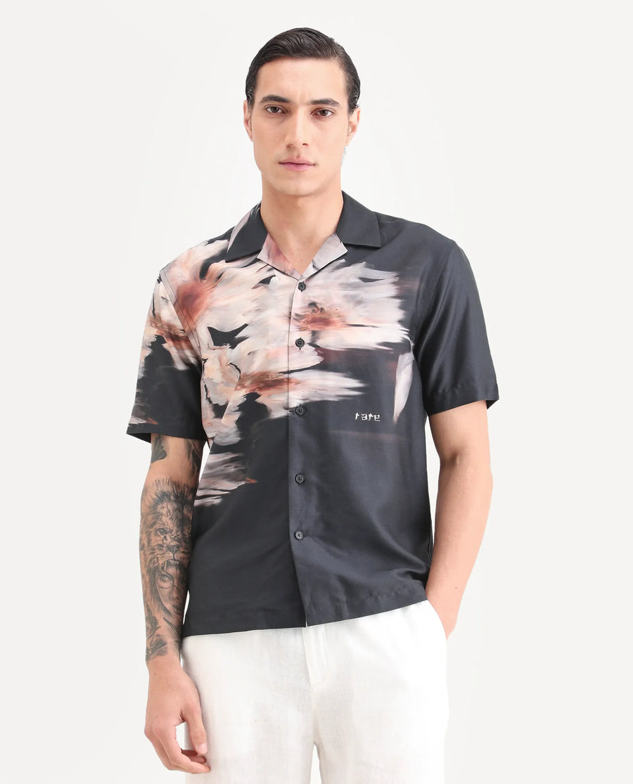Rare Rabbit Men's Xava Black Cotton Blend Fabric Half Sleeve Regular Fit Floral Print Shirt