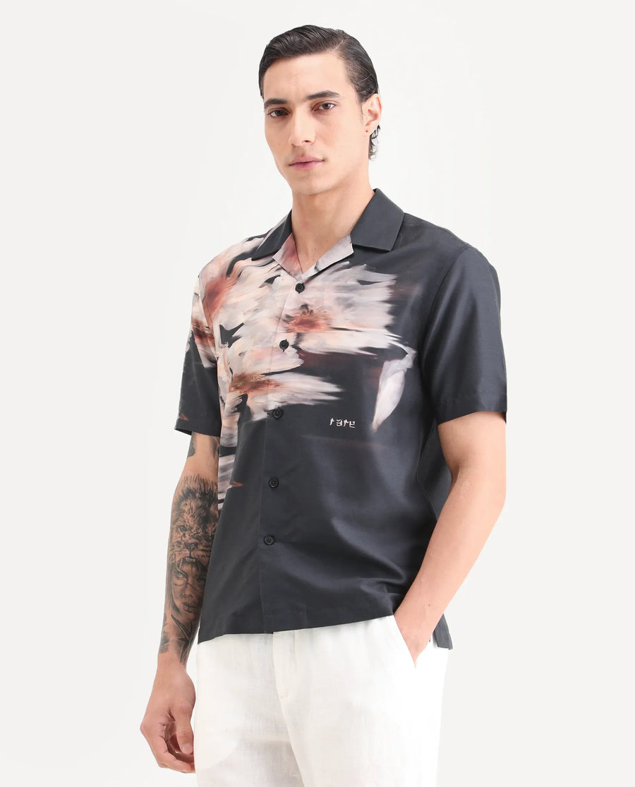 Rare Rabbit Men's Xava Black Cotton Blend Fabric Half Sleeve Regular Fit Floral Print Shirt