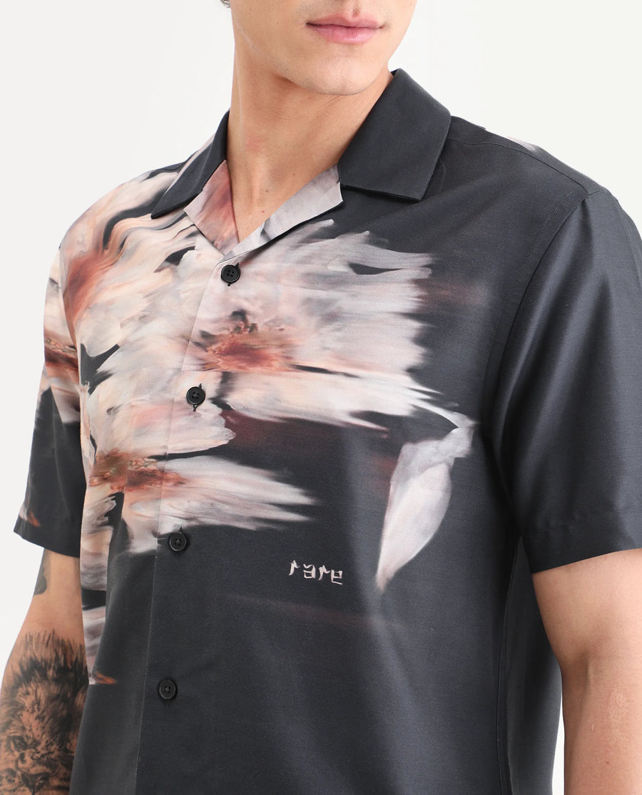 Rare Rabbit Men's Xava Black Cotton Blend Fabric Half Sleeve Regular Fit Floral Print Shirt