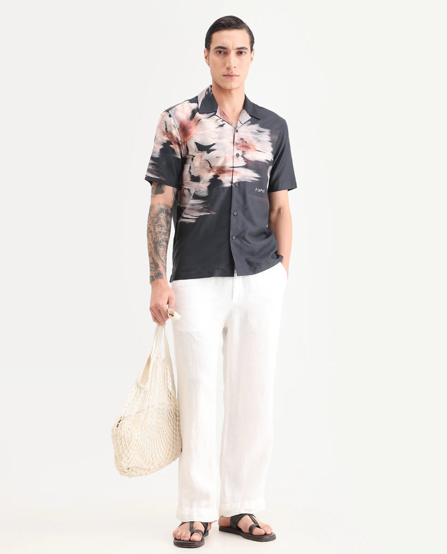 Rare Rabbit Men's Xava Black Cotton Blend Fabric Half Sleeve Regular Fit Floral Print Shirt