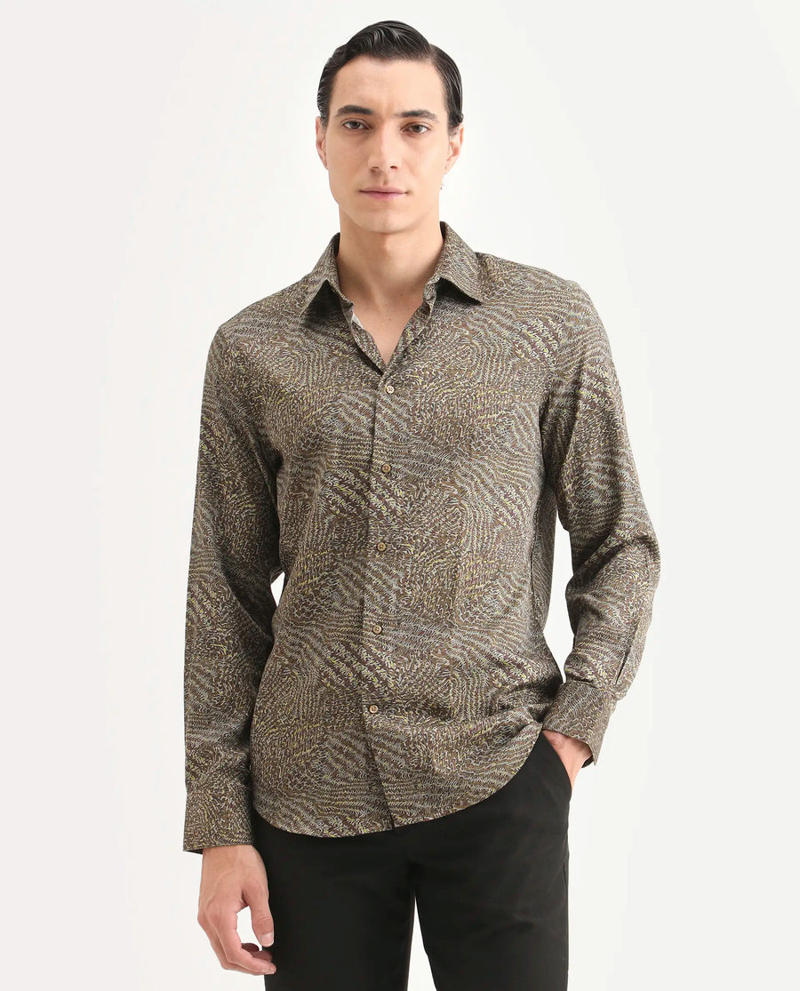 Rare Rabbit Men's Xion-2 Dusky Green Cotton Blend Fabric Full Sleeve Spread Collar Regular Fit Abstract Print Shirt