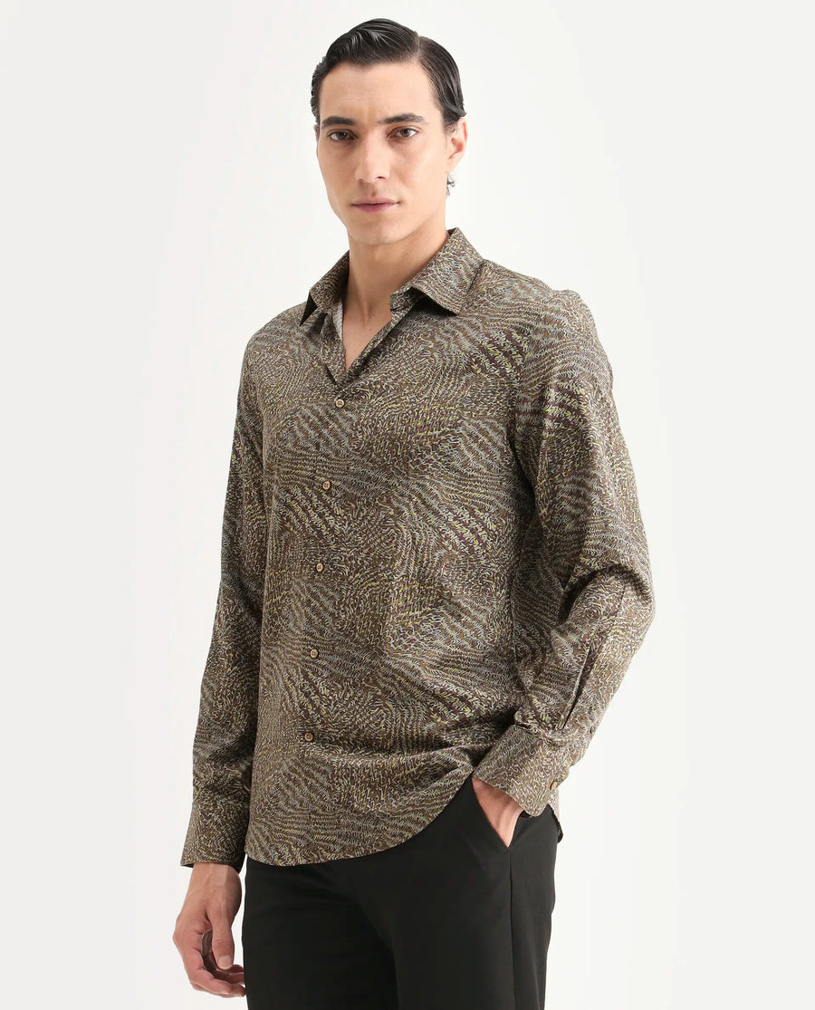 Rare Rabbit Men's Xion-2 Dusky Green Cotton Blend Fabric Full Sleeve Spread Collar Regular Fit Abstract Print Shirt