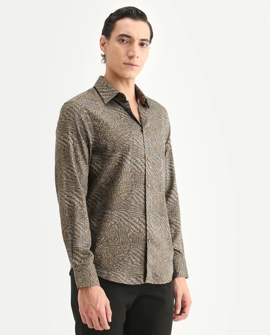 Rare Rabbit Men's Xion-2 Dusky Green Cotton Blend Fabric Full Sleeve Spread Collar Regular Fit Abstract Print Shirt