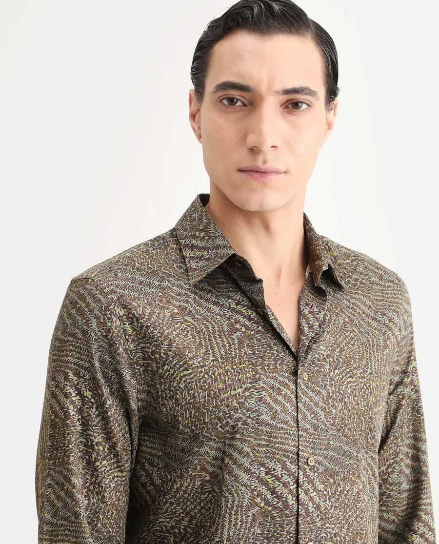 Rare Rabbit Men's Xion-2 Dusky Green Cotton Blend Fabric Full Sleeve Spread Collar Regular Fit Abstract Print Shirt