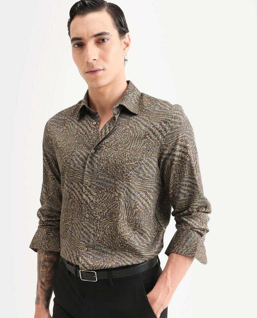 Rare Rabbit Men's Xion-2 Dusky Green Cotton Blend Fabric Full Sleeve Spread Collar Regular Fit Abstract Print Shirt