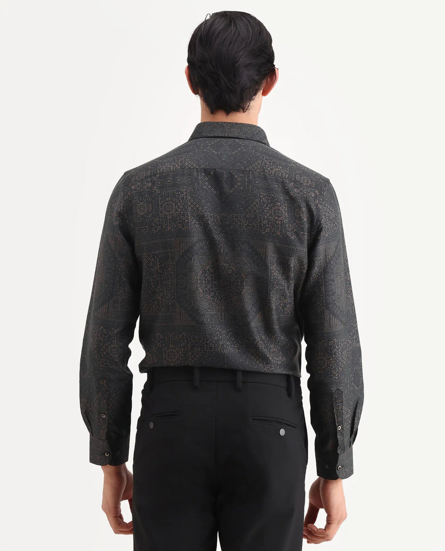 Rare Rabbit Men's Yotz Black Cotton Blend Fabric Full Sleeve Spread Collar Regular Fit Geometric Print Shirt