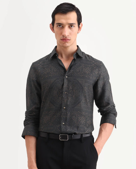 Rare Rabbit Men's Yotz Black Cotton Blend Fabric Full Sleeve Spread Collar Regular Fit Geometric Print Shirt