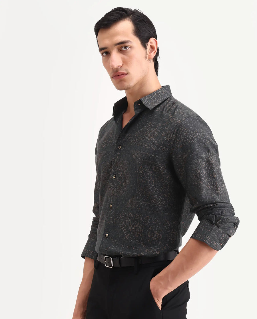 Rare Rabbit Men's Yotz Black Cotton Blend Fabric Full Sleeve Spread Collar Regular Fit Geometric Print Shirt