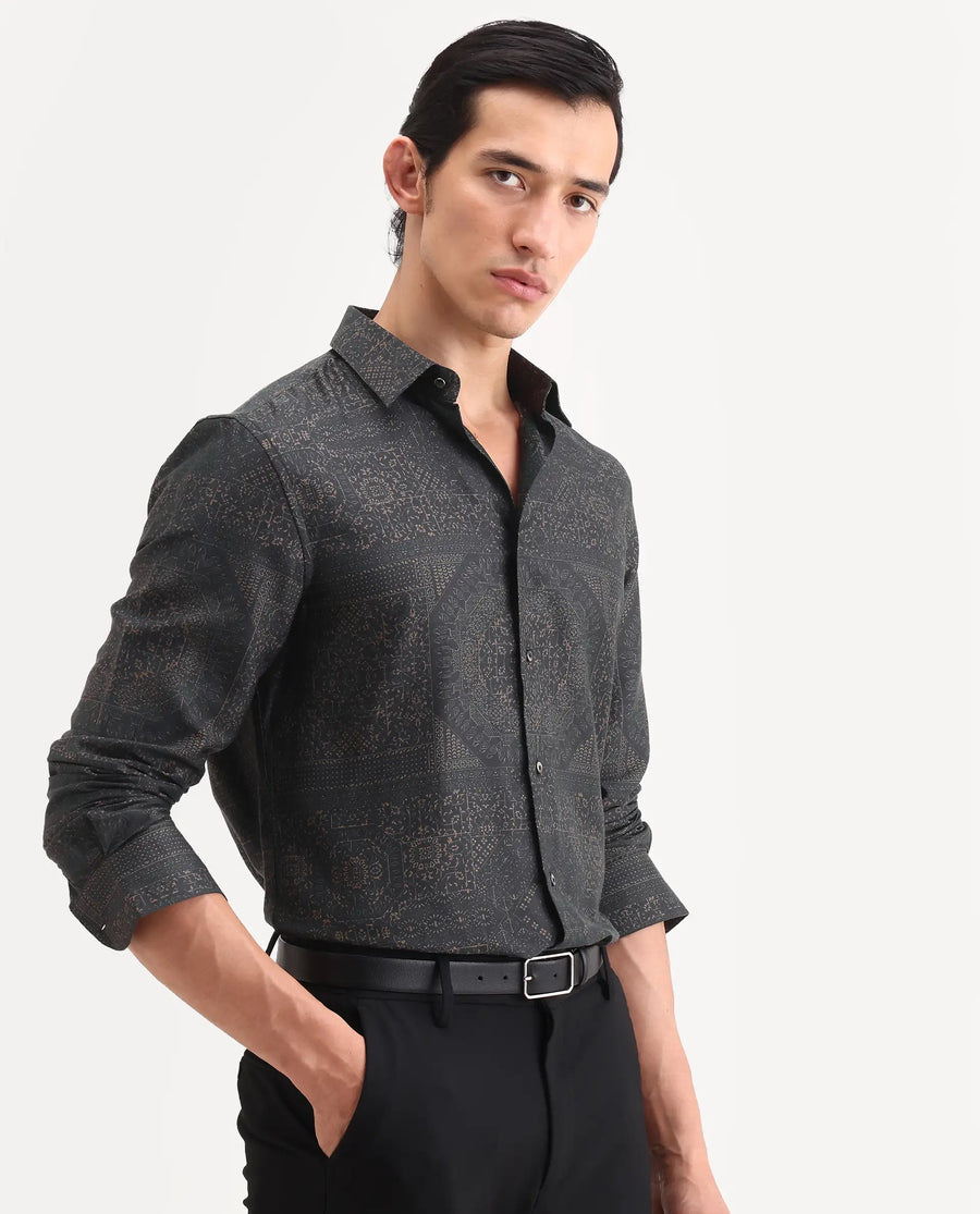Rare Rabbit Men's Yotz Black Cotton Blend Fabric Full Sleeve Spread Collar Regular Fit Geometric Print Shirt