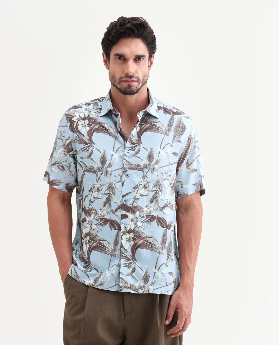 Rare Rabbit Men's Zime Dusky Blue Viscose Fabric Half Sleeve Cuban Collar Regular Fit Tropical Print Shirt