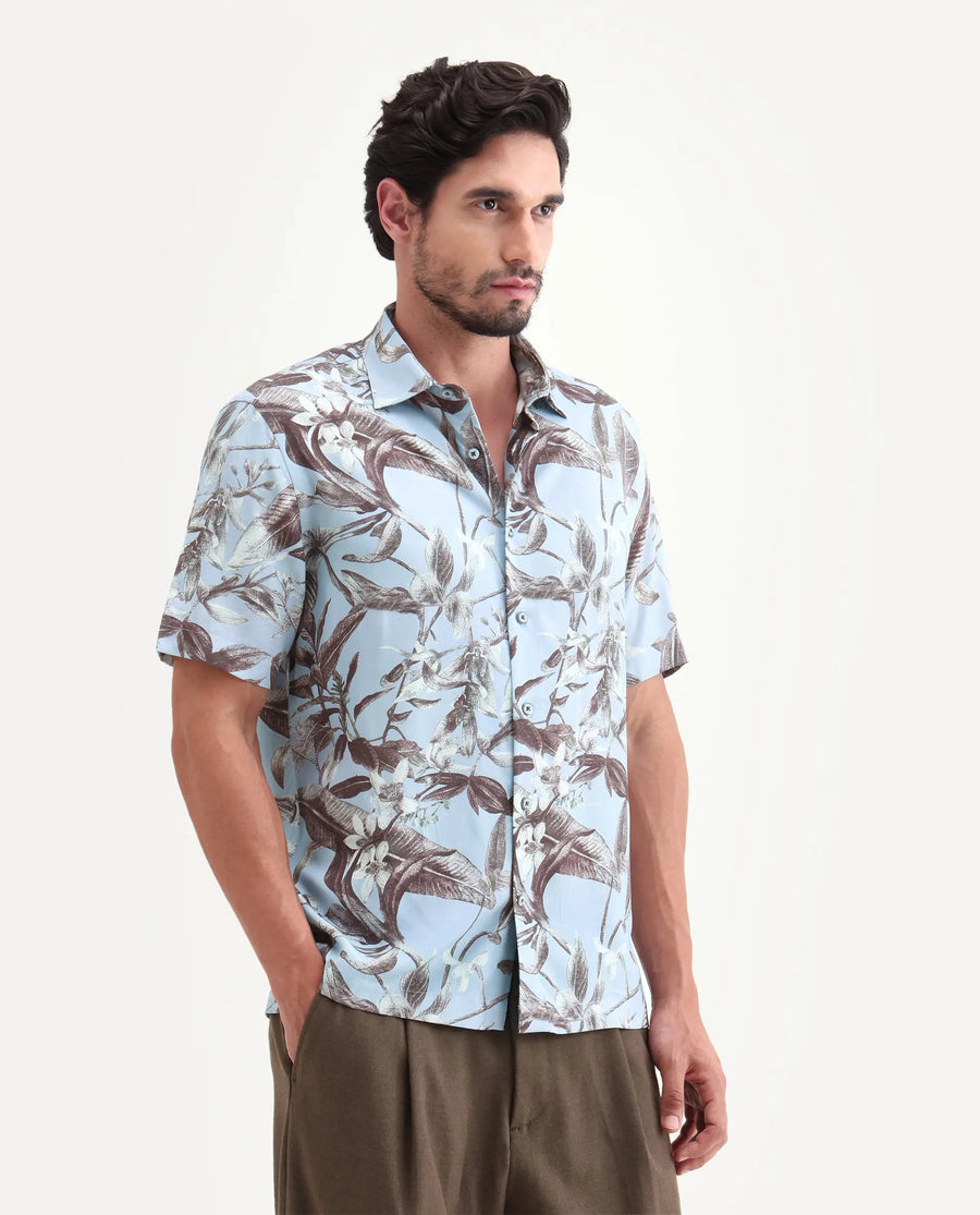 Rare Rabbit Men's Zime Dusky Blue Viscose Fabric Half Sleeve Cuban Collar Regular Fit Tropical Print Shirt