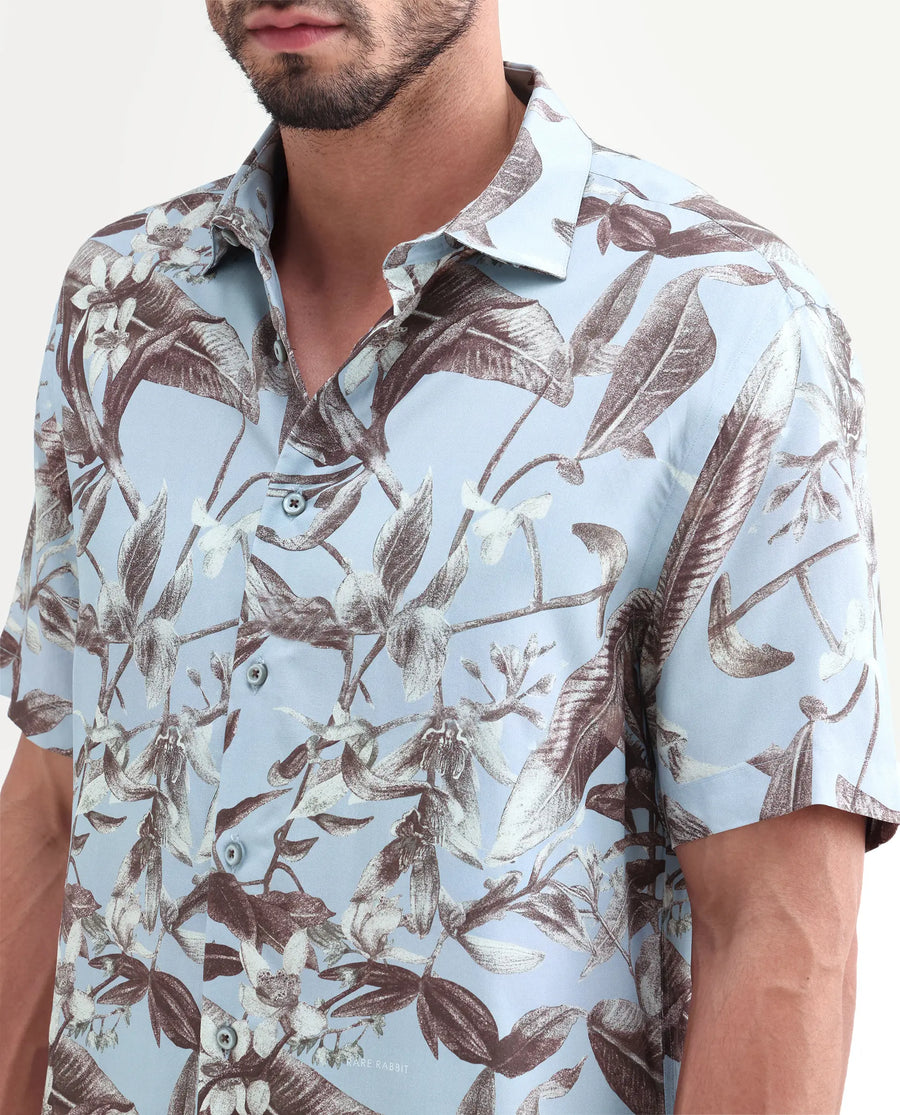 Rare Rabbit Men's Zime Dusky Blue Viscose Fabric Half Sleeve Cuban Collar Regular Fit Tropical Print Shirt