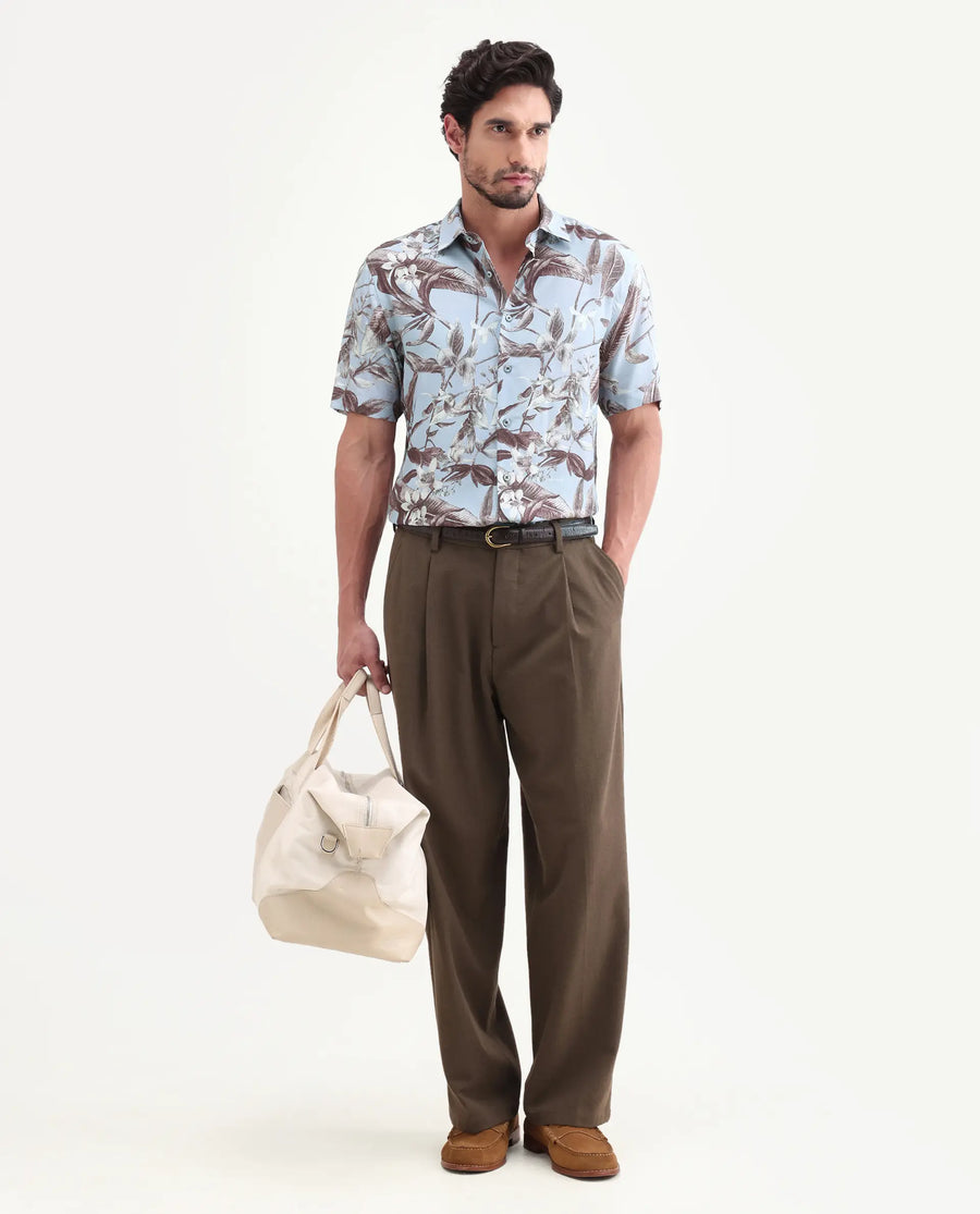Rare Rabbit Men's Zime Dusky Blue Viscose Fabric Half Sleeve Cuban Collar Regular Fit Tropical Print Shirt