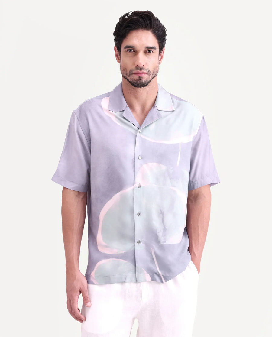 Rare Rabbit Men's Zuvk Dusky Purple Viscose Fabric Half Sleeve Cuban Collar Regular Fit Abstract Print Shirt