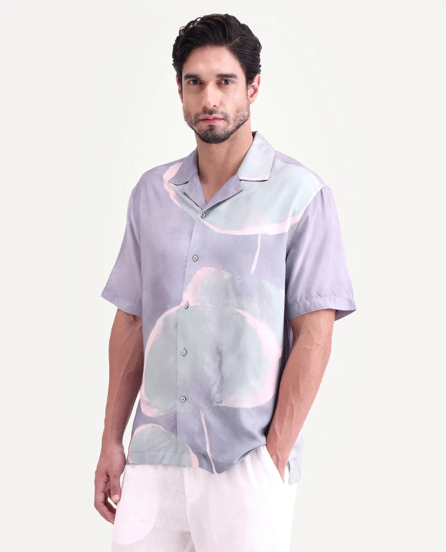 Rare Rabbit Men's Zuvk Dusky Purple Viscose Fabric Half Sleeve Cuban Collar Regular Fit Abstract Print Shirt