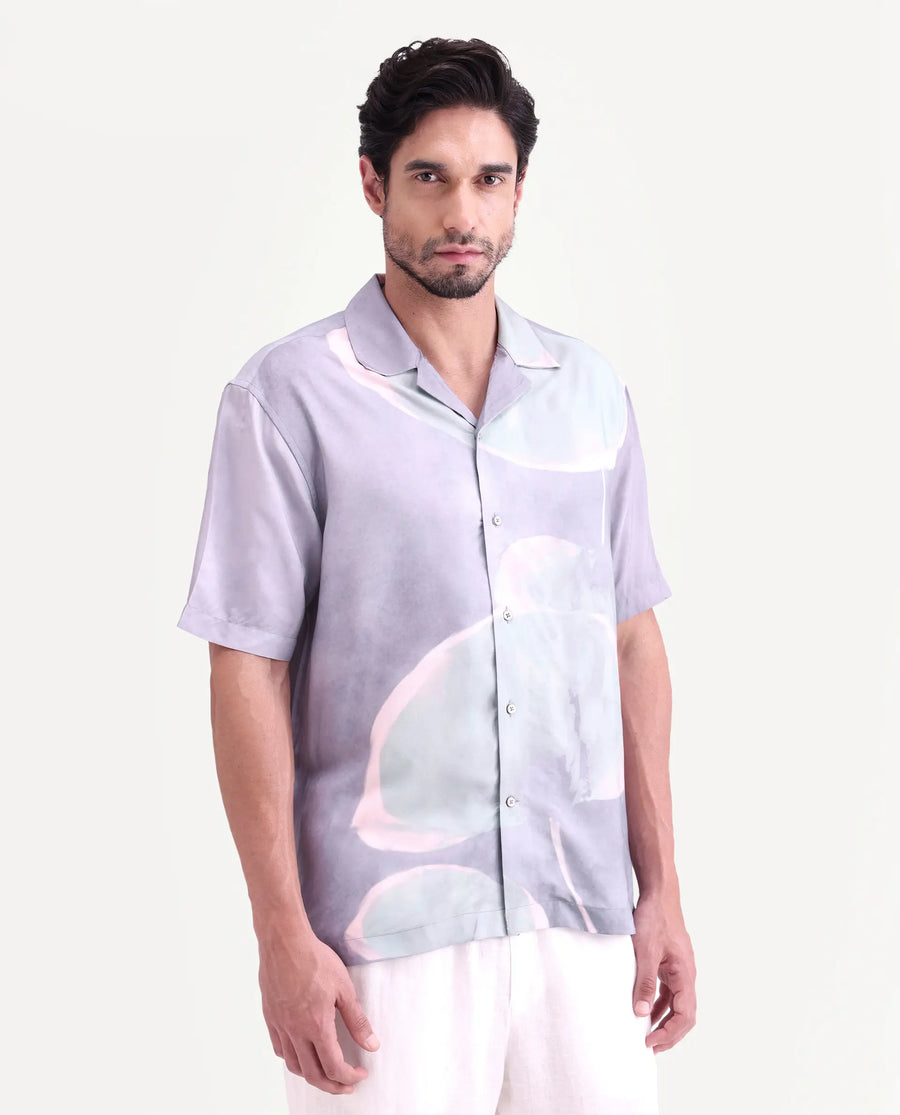 Rare Rabbit Men's Zuvk Dusky Purple Viscose Fabric Half Sleeve Cuban Collar Regular Fit Abstract Print Shirt