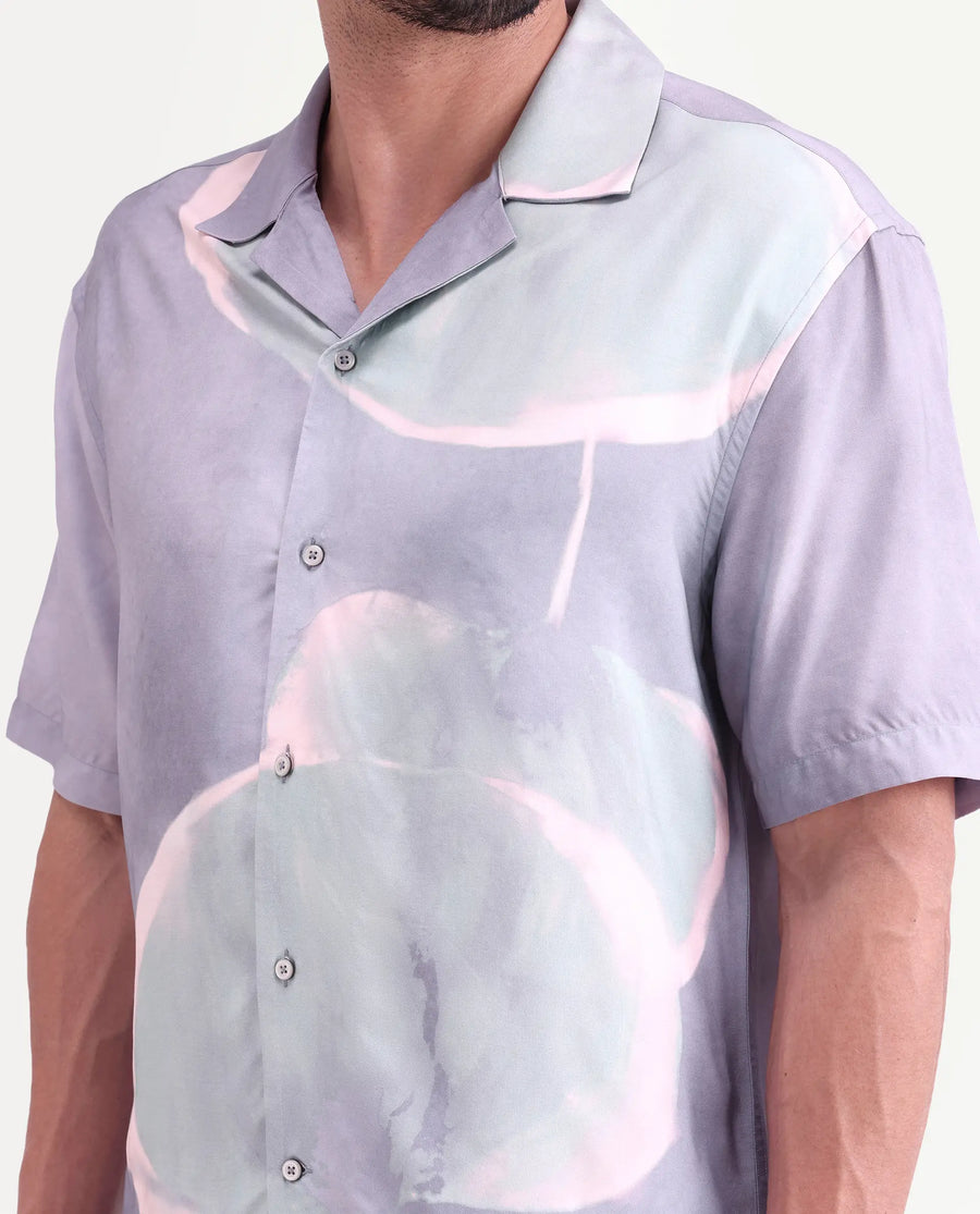 Rare Rabbit Men's Zuvk Dusky Purple Viscose Fabric Half Sleeve Cuban Collar Regular Fit Abstract Print Shirt