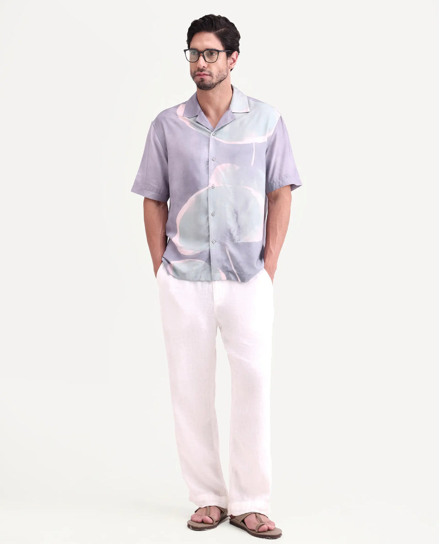 Rare Rabbit Men's Zuvk Dusky Purple Viscose Fabric Half Sleeve Cuban Collar Regular Fit Abstract Print Shirt