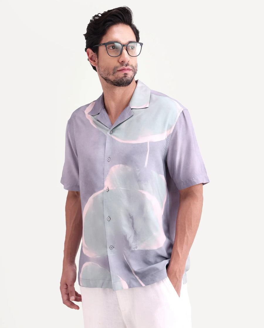 Rare Rabbit Men's Zuvk Dusky Purple Viscose Fabric Half Sleeve Cuban Collar Regular Fit Abstract Print Shirt