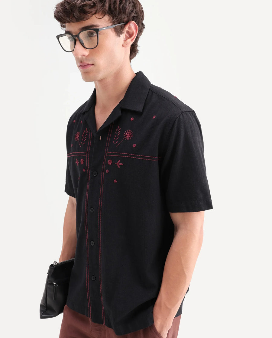Rare Rabbit Men's Gwen 26 Dark Black Cotton Blend Fabric Half Sleeve Cuban Collar Relaxed Fit Embroidered Shirt