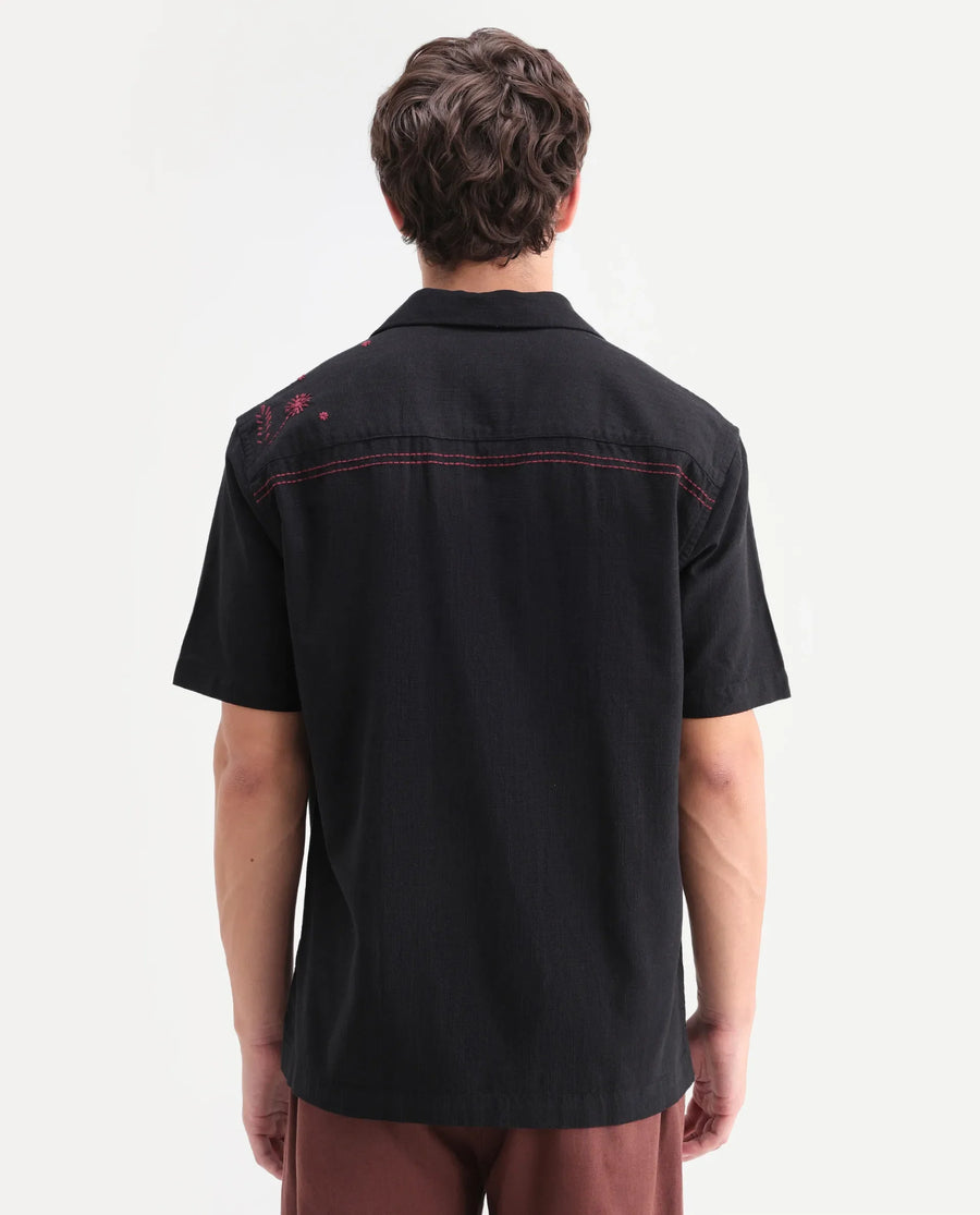 Rare Rabbit Men's Gwen 26 Dark Black Cotton Blend Fabric Half Sleeve Cuban Collar Relaxed Fit Embroidered Shirt