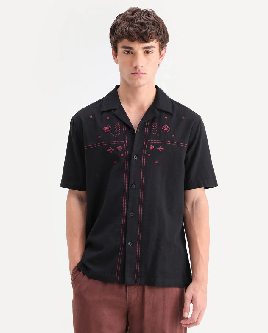 Rare Rabbit Men's Gwen 26 Dark Black Cotton Blend Fabric Half Sleeve Cuban Collar Relaxed Fit Embroidered Shirt