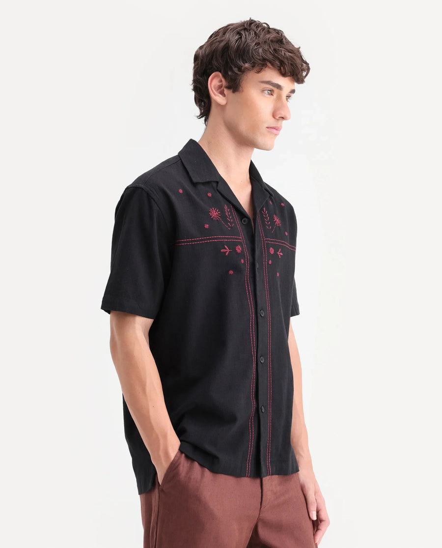 Rare Rabbit Men's Gwen 26 Dark Black Cotton Blend Fabric Half Sleeve Cuban Collar Relaxed Fit Embroidered Shirt