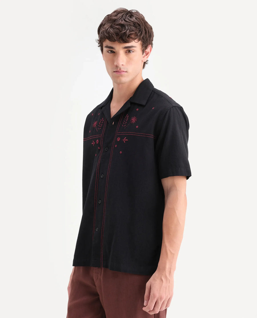 Rare Rabbit Men's Gwen 26 Dark Black Cotton Blend Fabric Half Sleeve Cuban Collar Relaxed Fit Embroidered Shirt
