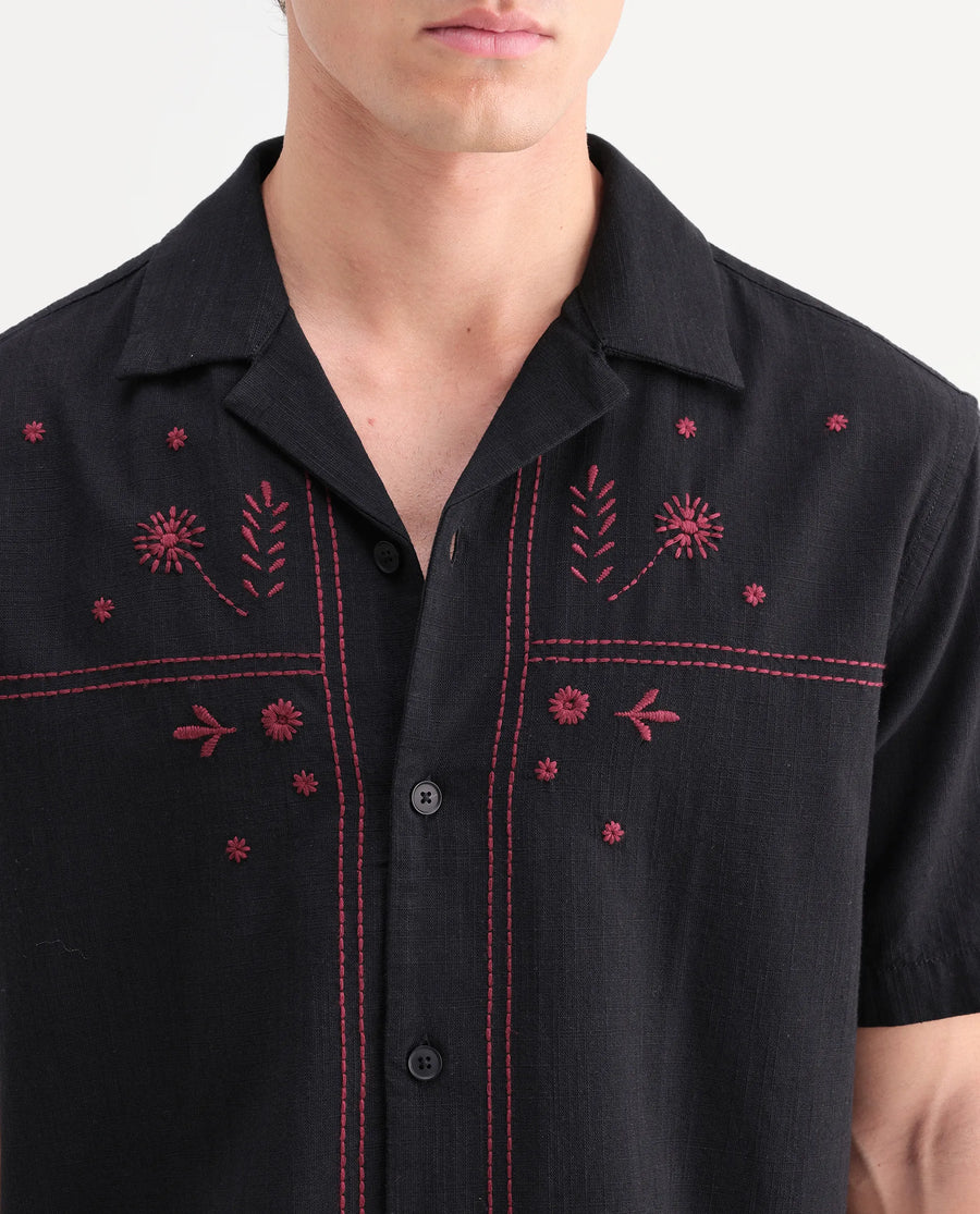 Rare Rabbit Men's Gwen 26 Dark Black Cotton Blend Fabric Half Sleeve Cuban Collar Relaxed Fit Embroidered Shirt