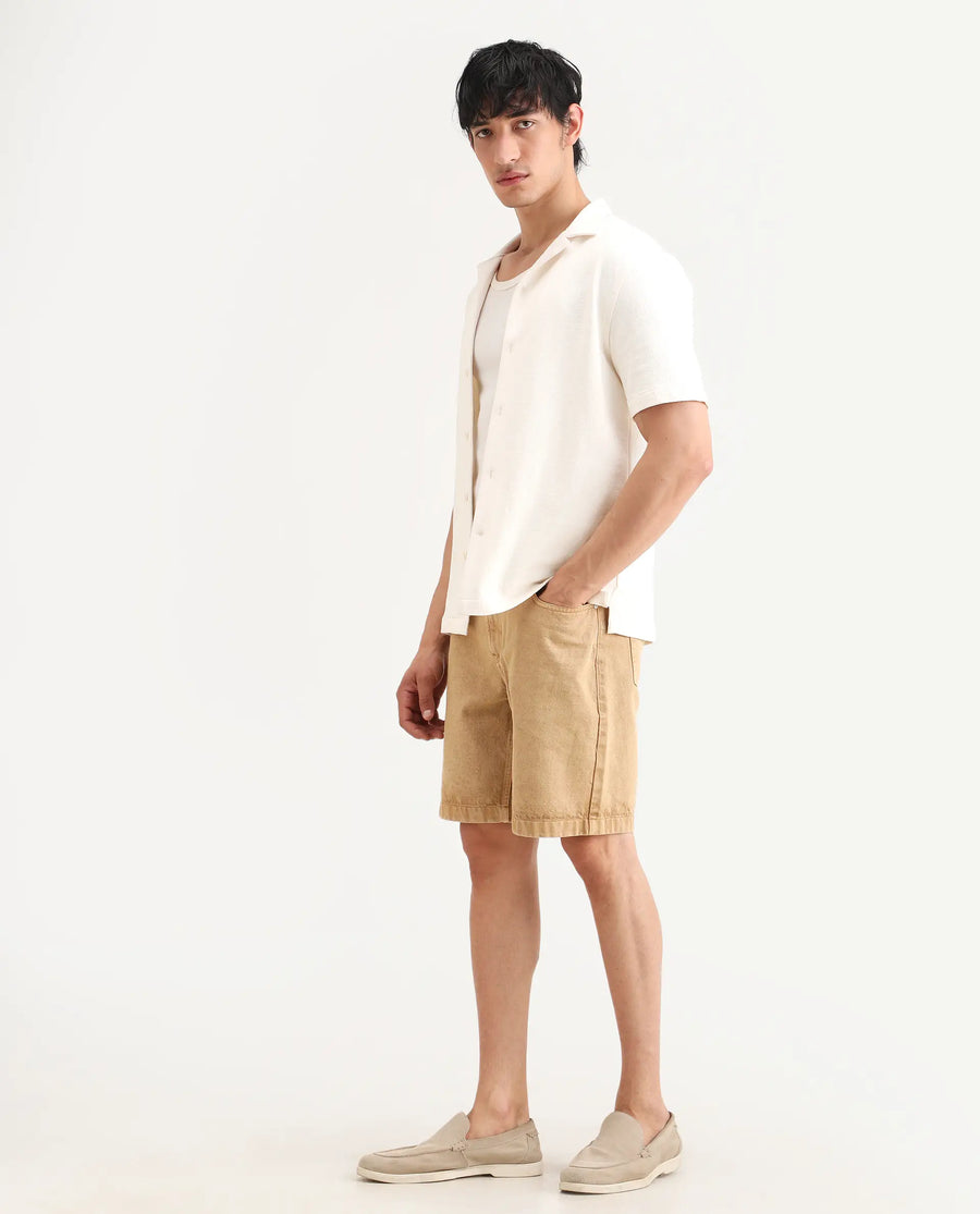Rare Rabbit Men's Carp Khaki Cotton Fabric Relaxed Fit Plain Shorts