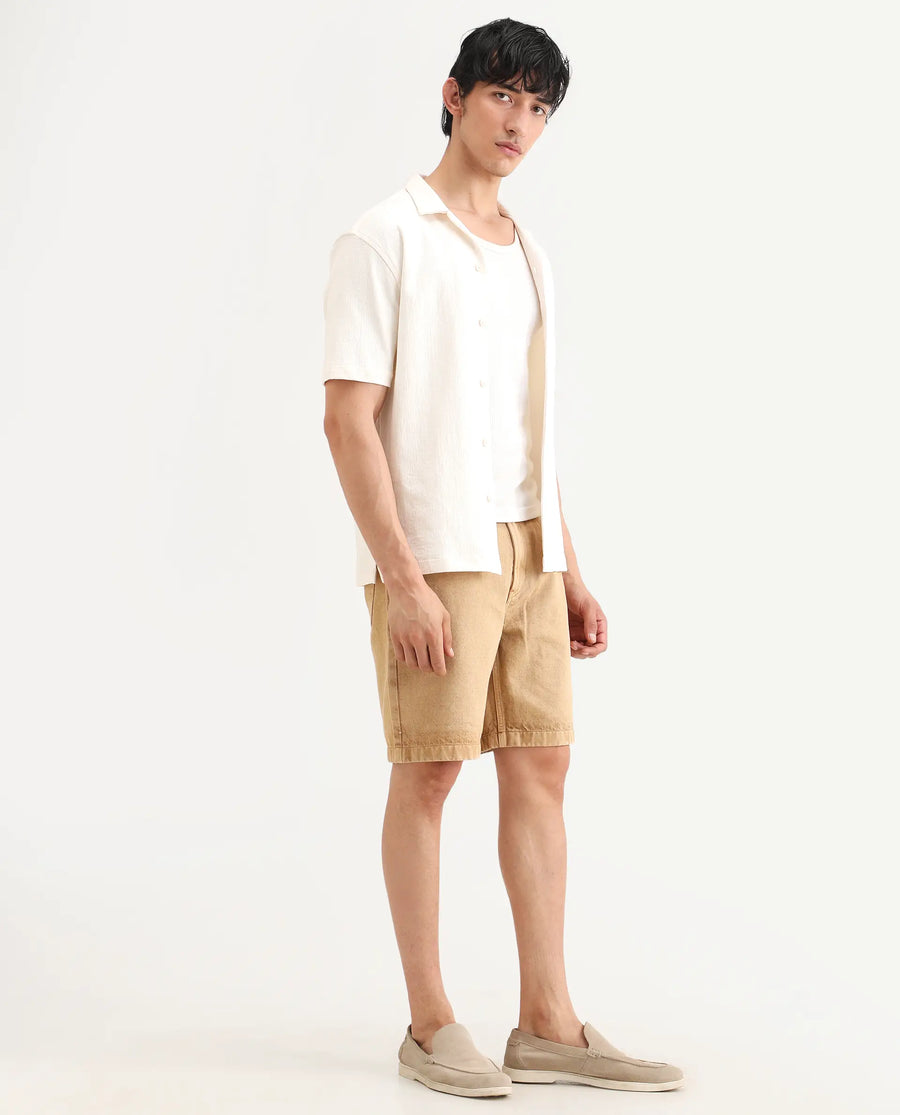 Rare Rabbit Men's Carp Khaki Cotton Fabric Relaxed Fit Plain Shorts