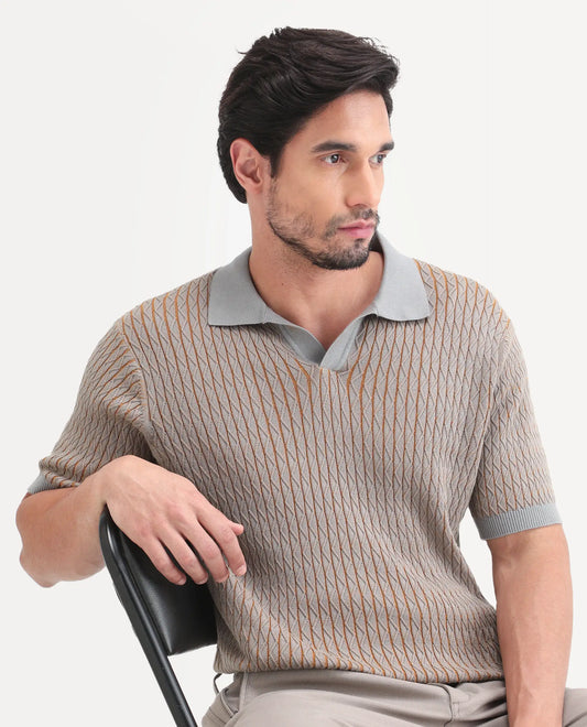 Rare Rabbit Men's Dot Light Grey Cotton Fabric Full Sleeve Regular Fit Textured Polo