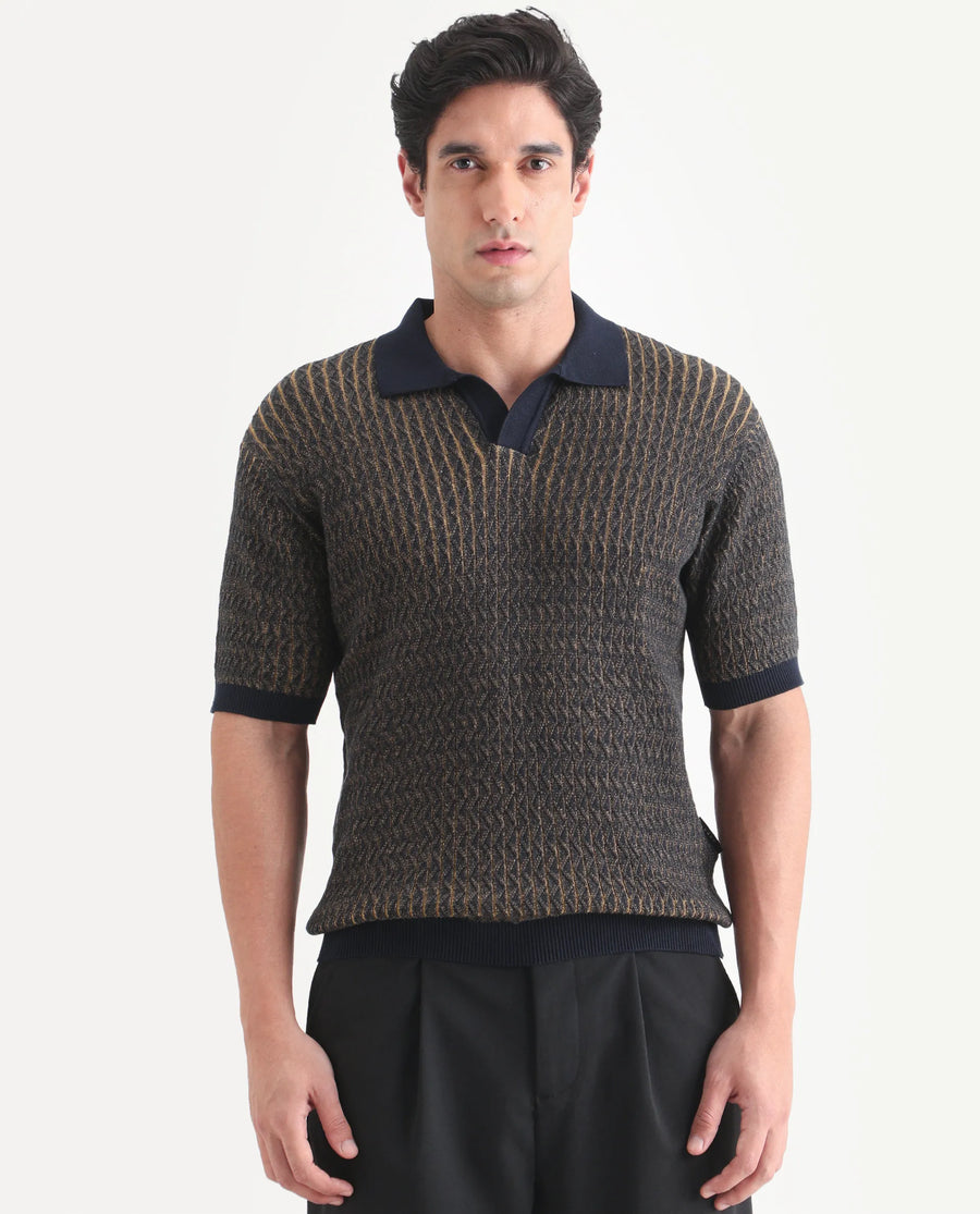 Rare Rabbit Men's Dot Navy Cotton Fabric Half Sleeve Regular Fit Textured Polo