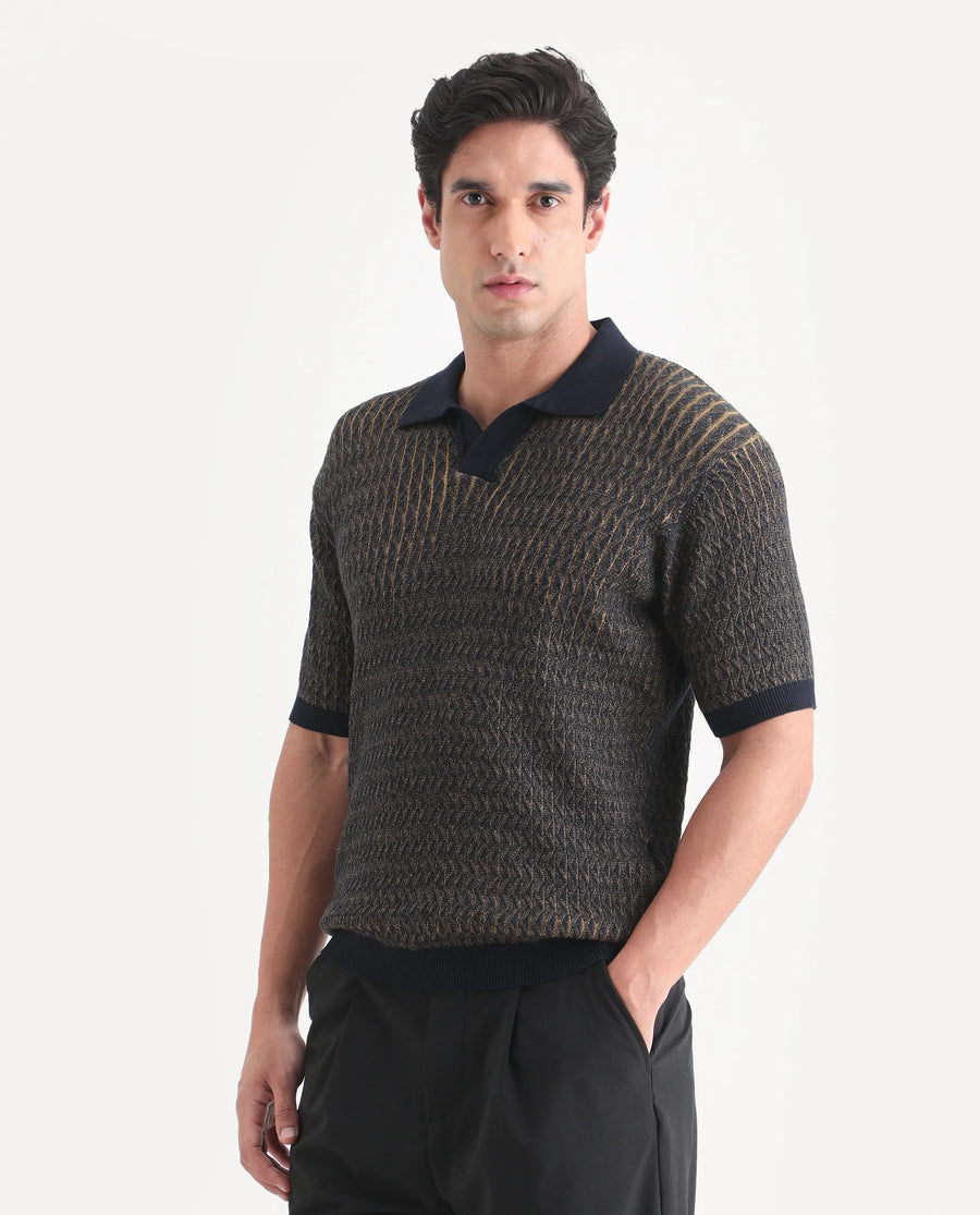 Rare Rabbit Men's Dot Navy Cotton Fabric Half Sleeve Regular Fit Textured Polo