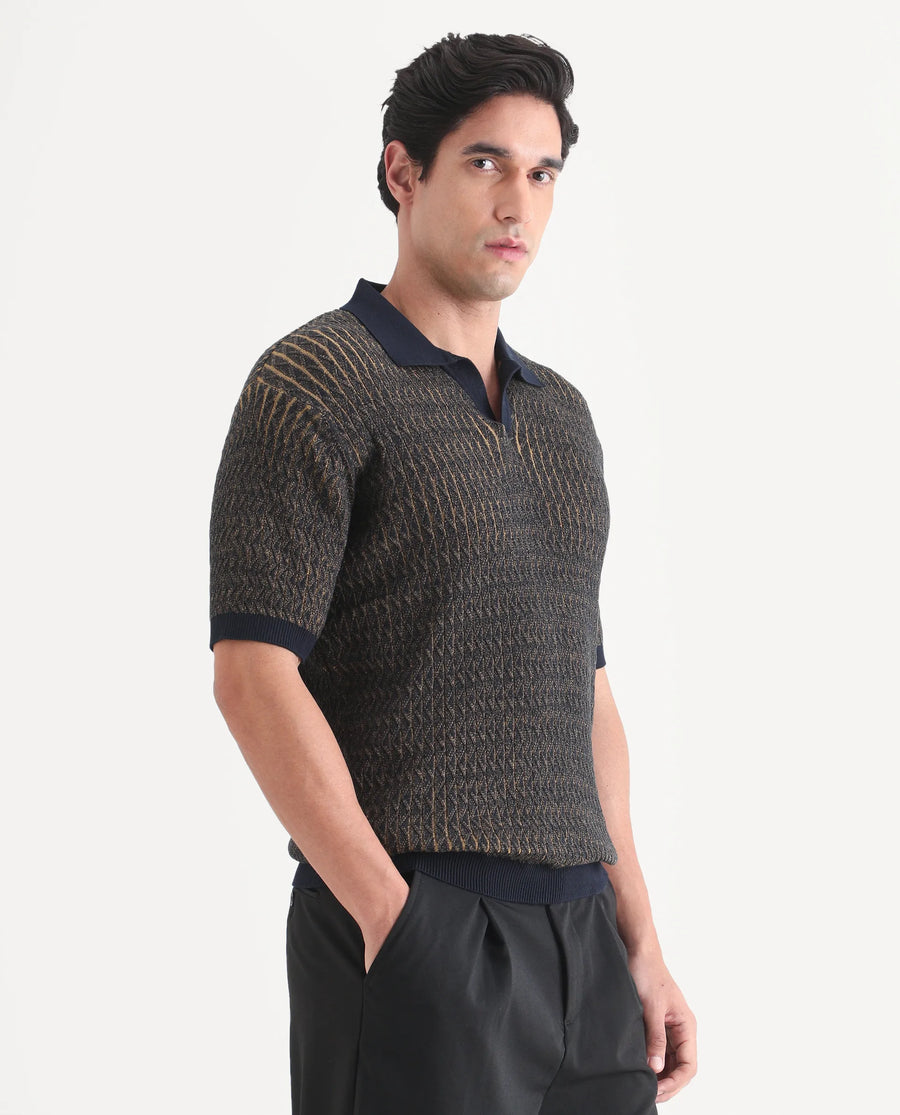Rare Rabbit Men's Dot Navy Cotton Fabric Half Sleeve Regular Fit Textured Polo