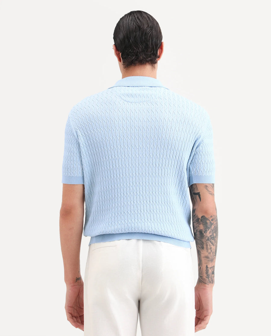 Rare Rabbit Men's Dot Light Blue Cotton Fabric Full Sleeve Regular Fit Textured Polo