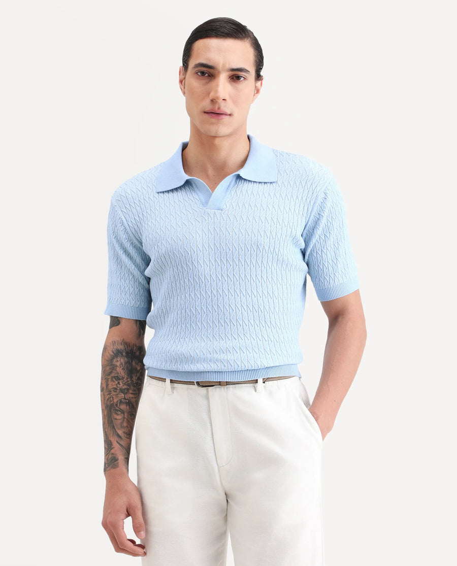Rare Rabbit Men's Dot Light Blue Cotton Fabric Full Sleeve Regular Fit Textured Polo