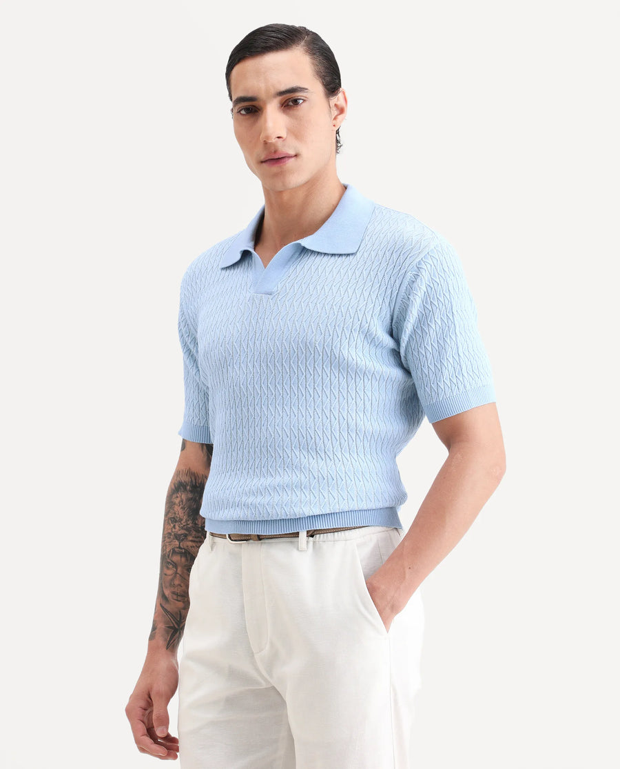 Rare Rabbit Men's Dot Light Blue Cotton Fabric Full Sleeve Regular Fit Textured Polo