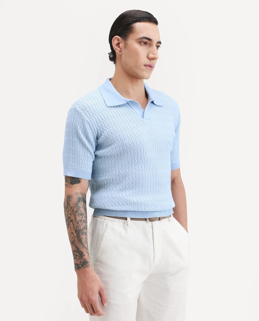 Rare Rabbit Men's Dot Light Blue Cotton Fabric Full Sleeve Regular Fit Textured Polo
