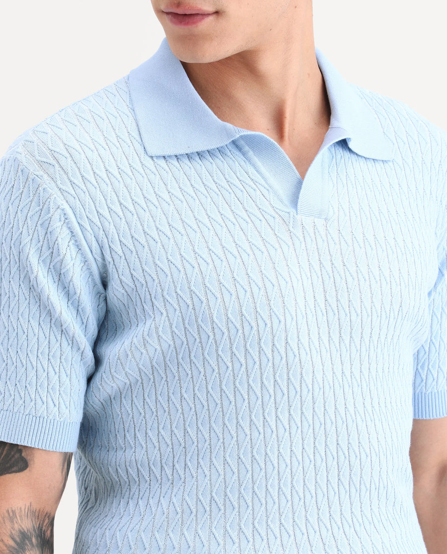 Rare Rabbit Men's Dot Light Blue Cotton Fabric Full Sleeve Regular Fit Textured Polo