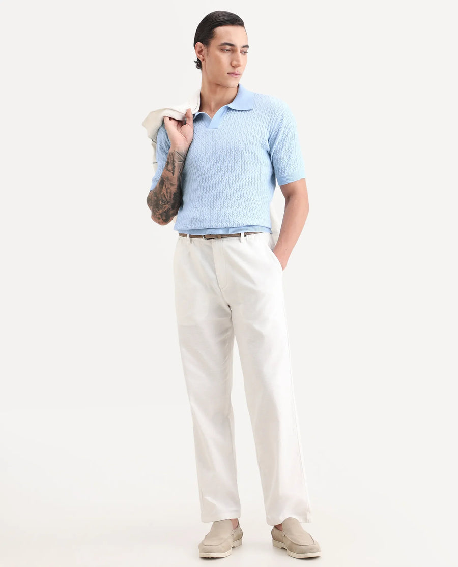 Rare Rabbit Men's Dot Light Blue Cotton Fabric Full Sleeve Regular Fit Textured Polo