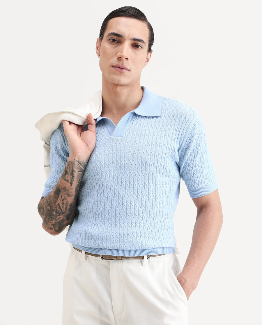 Rare Rabbit Men's Dot Light Blue Cotton Fabric Full Sleeve Regular Fit Textured Polo
