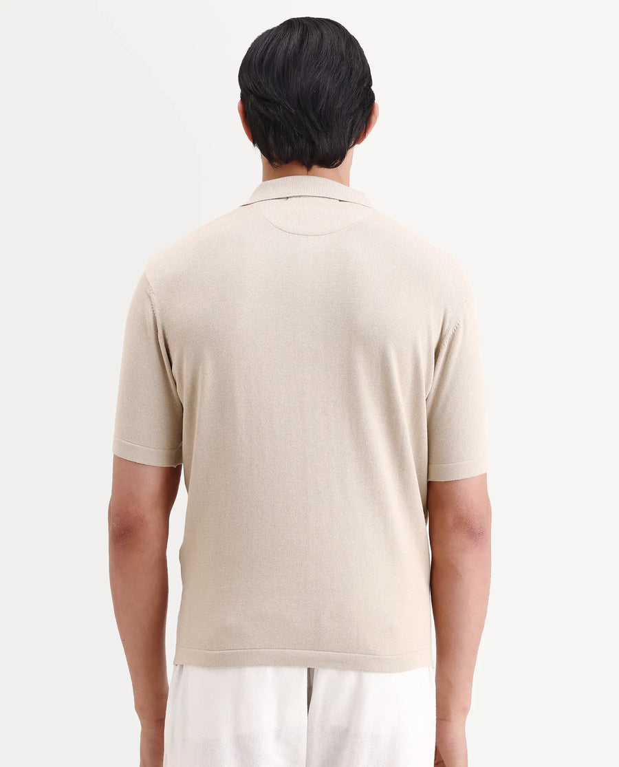 Rare Rabbit Men's Par Beige Cotton Fabric Full Sleeve Regular Fit Floral Print Polo