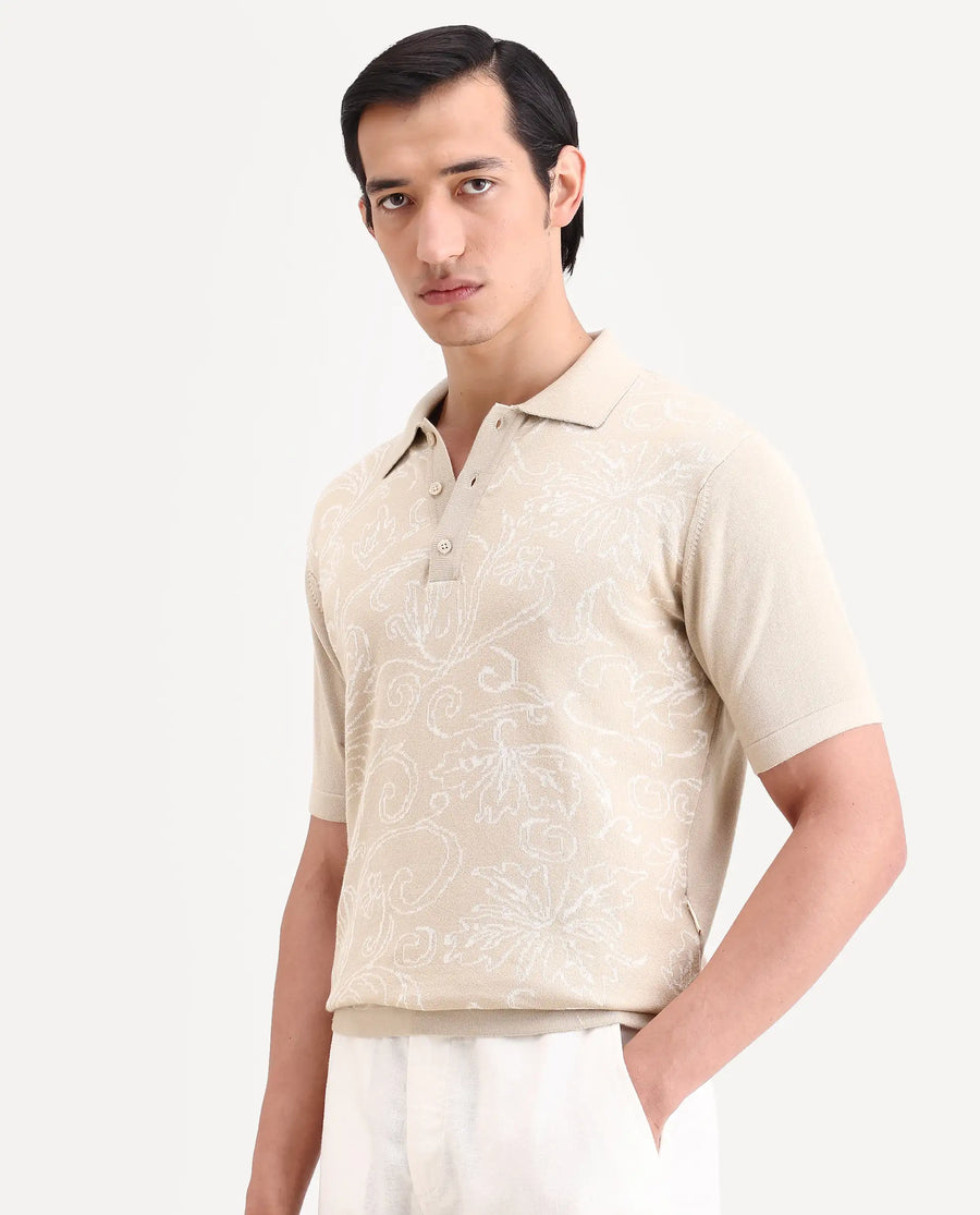 Rare Rabbit Men's Par Beige Cotton Fabric Full Sleeve Regular Fit Floral Print Polo