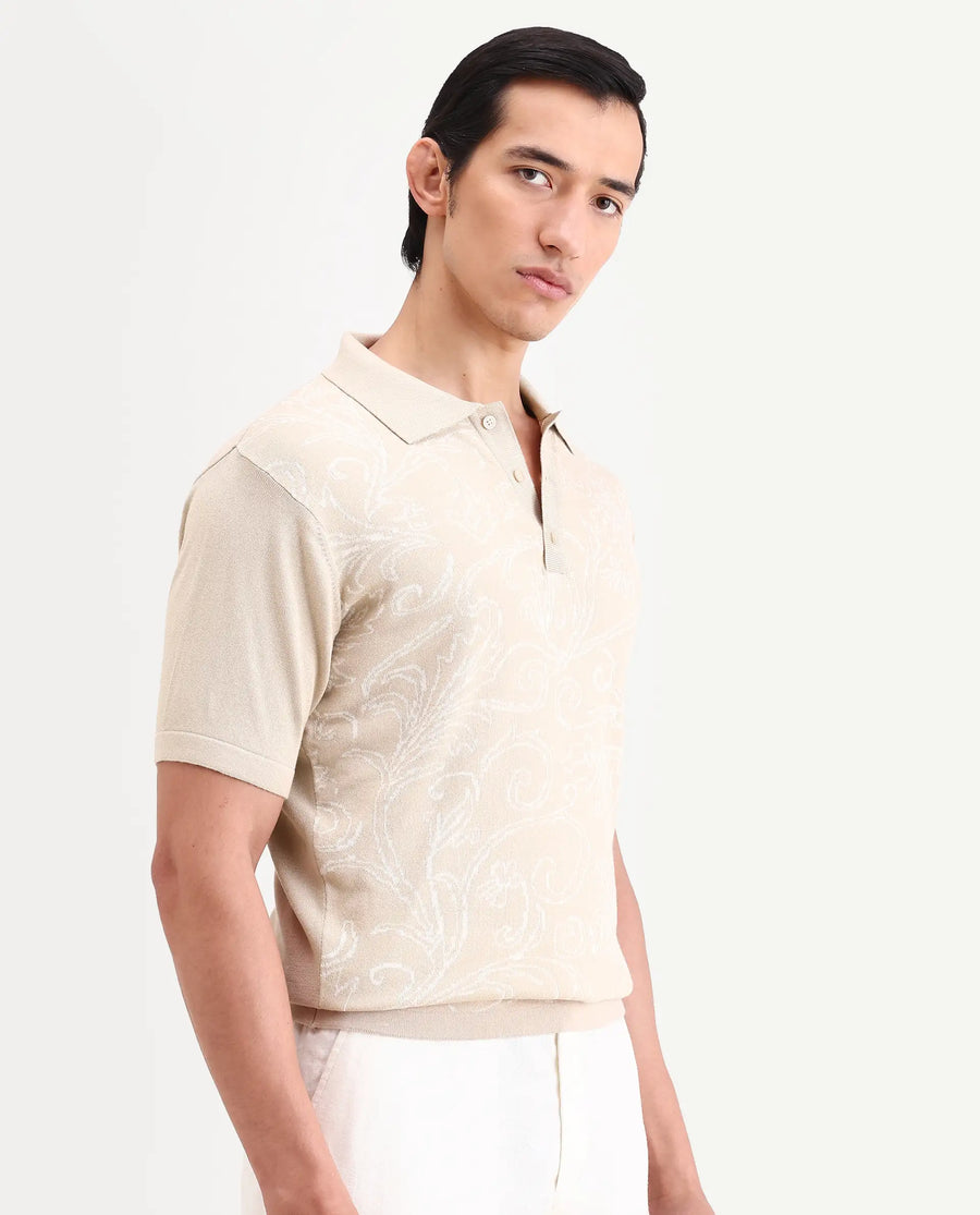 Rare Rabbit Men's Par Beige Cotton Fabric Full Sleeve Regular Fit Floral Print Polo
