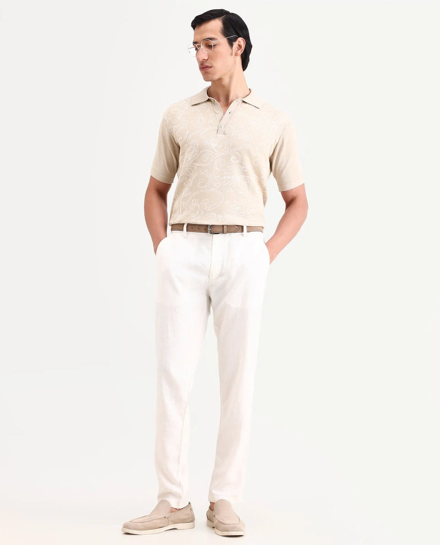 Rare Rabbit Men's Par Beige Cotton Fabric Full Sleeve Regular Fit Floral Print Polo